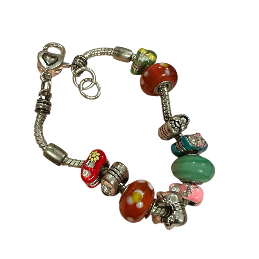 Silver Plated 10 Charm Murano Beads Shoe Spacers Snake Chain Boho Multi Bracelet
